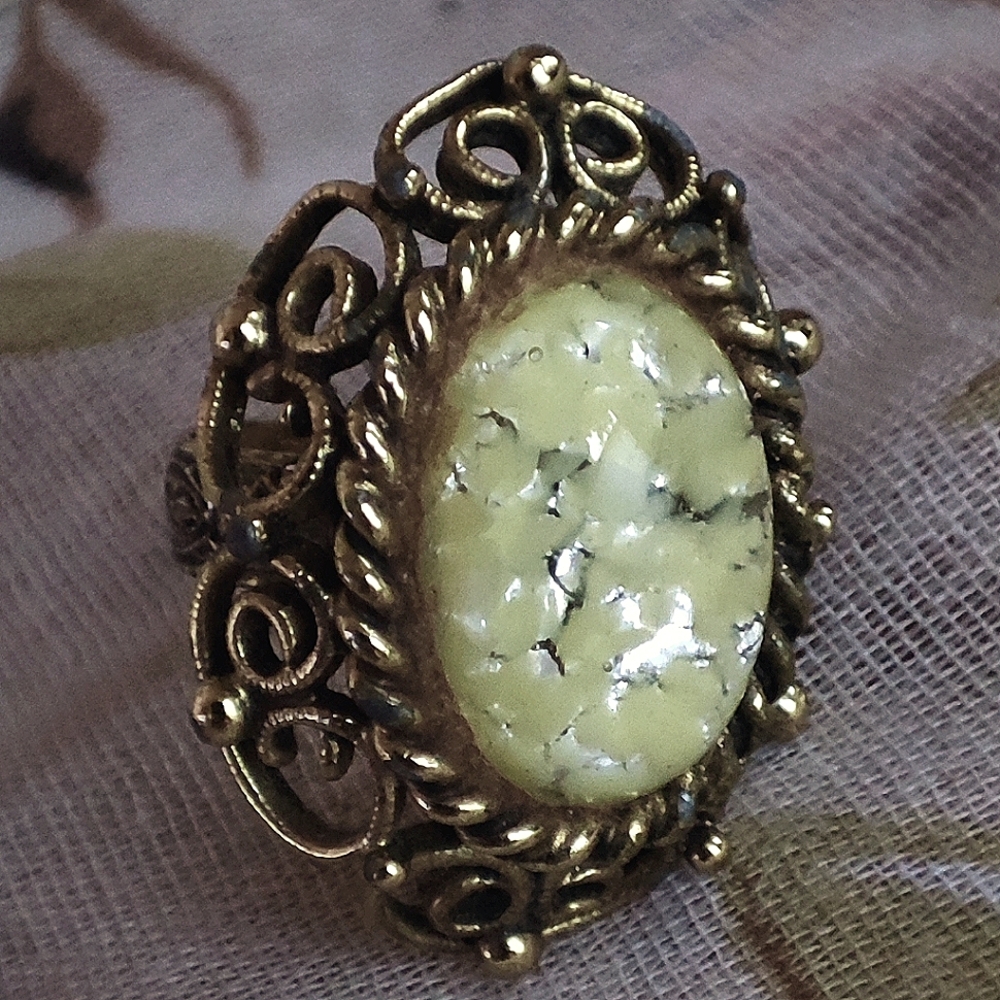 Yellow Dome Antiqued Gold Tone  Filigree Acrylic Size 9 1/2 Adjustable Ring